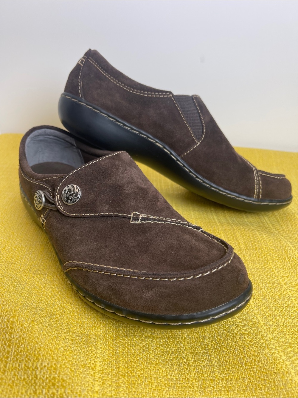 Clarks Brown Slip-On Loafers with Decorative Buttons Size 7